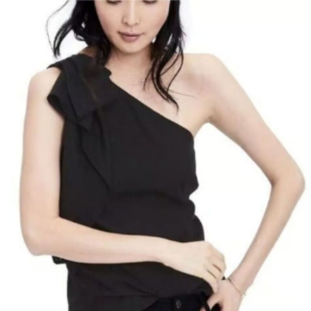 Banana Republic Black One-Shoulder Textured Ruffle Blouse